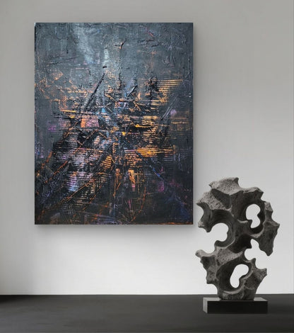 Großformatiges, horizontales Acrylgemälde "Underground" von Sandra Conrad, das von dicker, schwarzer und grauer Strukturpaste dominiert wird. Feine Linien und Spritzer in fluoriszierendem Orange, Blau, Lila und Pink setzen leuchtende Akzente.