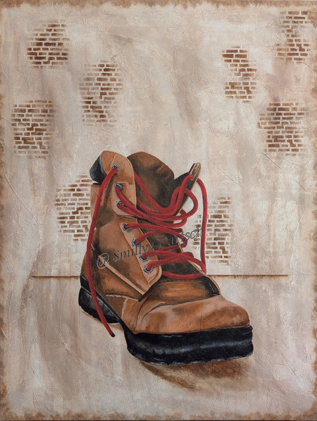 Acrylgemälde 'Discarded' von Smillya Dartsch. Ein einzelner, abgetragener Wanderschuh ist vor einem Hintergrund mit einem dezenten Muster aus stilisierten Ziegelsteinen dargestellt. Der Schuh ist in erdigen Brauntönen gehalten, mit roten Schnürsenkeln, die einen starken Kontrast bilden. Das Gemälde ist auf einem Keilrahmen mit den Maßen 130x100 cm gefertigt.