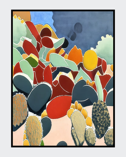 Angelika Wesener: Abstraktes Acrylgemälde "Cephalaria". Stilisierte Kakteen und Blüten in Ocker, Braun und Schwarz, 40x30 cm.