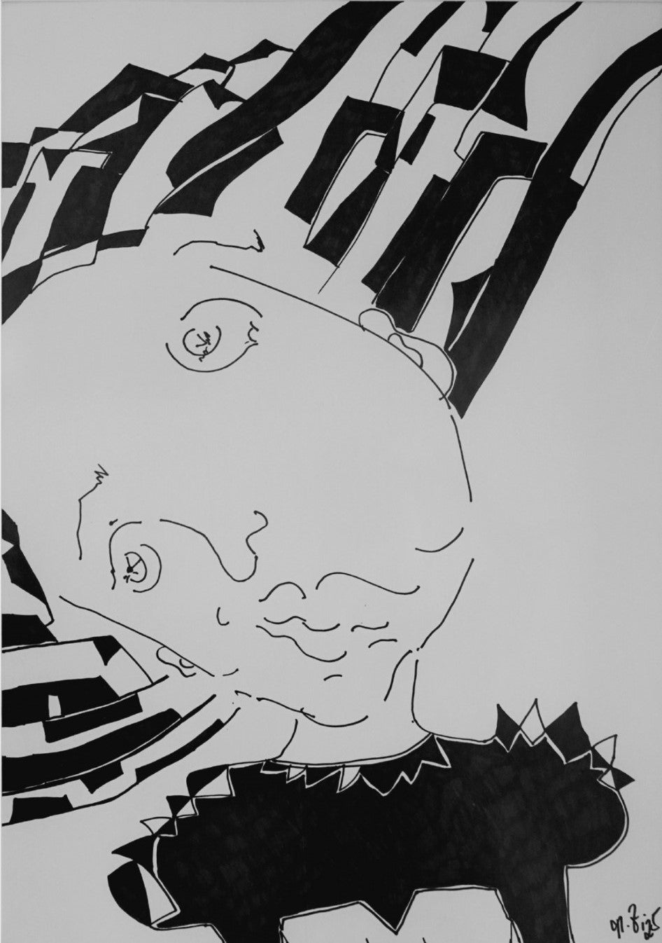 "Brainwash" (2025) von Melanie Zürn. Ein hochformatiges, schwarz-weißes Porträt im kubistischen Stil. Es zeigt eine menschliche Figur, deren Gesicht durch geometrische Formen und Linien abstrahiert ist. Der Hintergrund ist ebenfalls mit kubistischen Elementen gestaltet. Die Arbeit ist mit Edding auf Zeichenpapier ausgeführt. Größe: 42 cm x 59,4 cm (ohne Rahmen). 