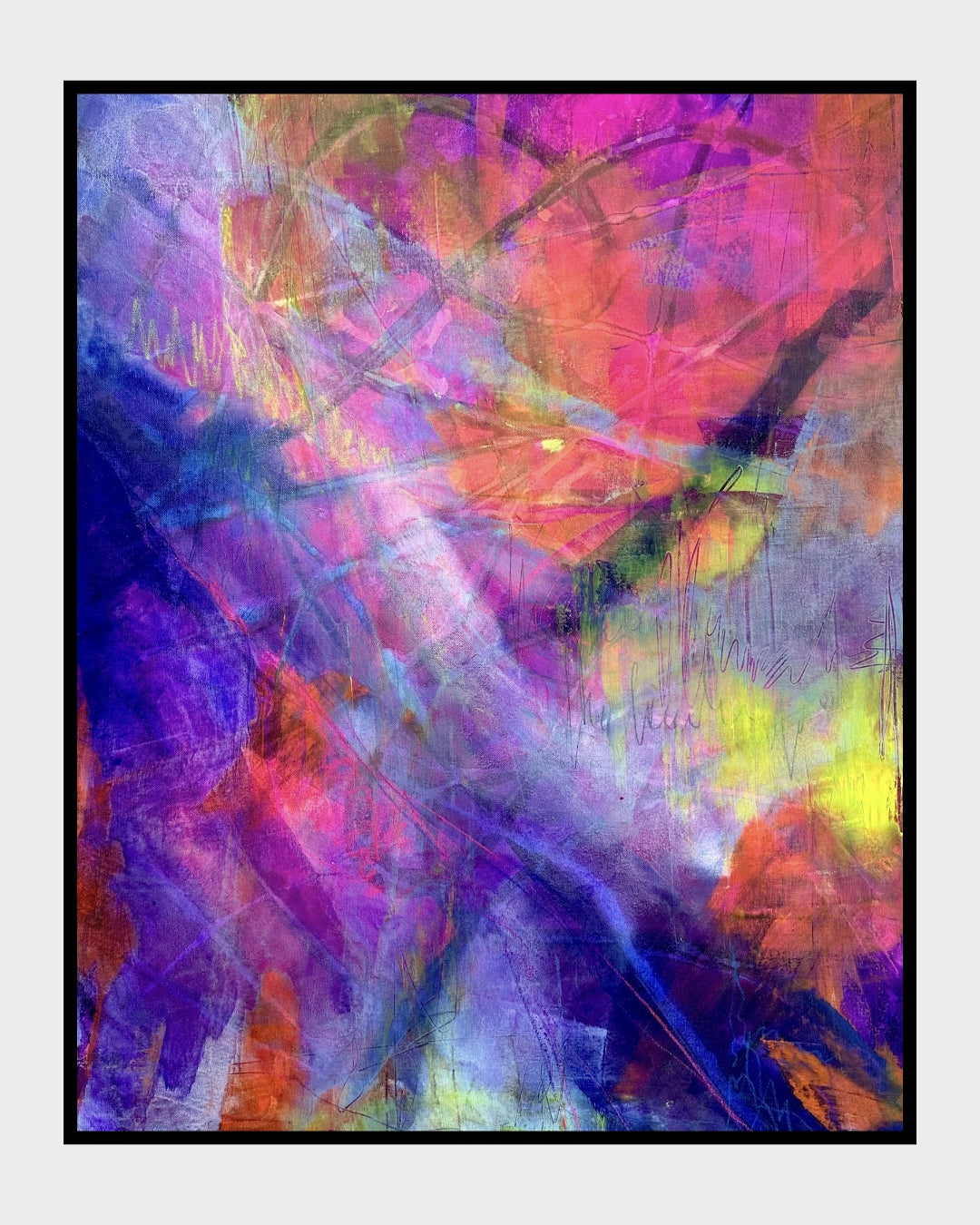 Abstraktes Acrylbild in Violett- und Blautönen mit feinen Netzstrukturen, Werk „Purple veil“ von Sabine Hoch-Himmighofen.