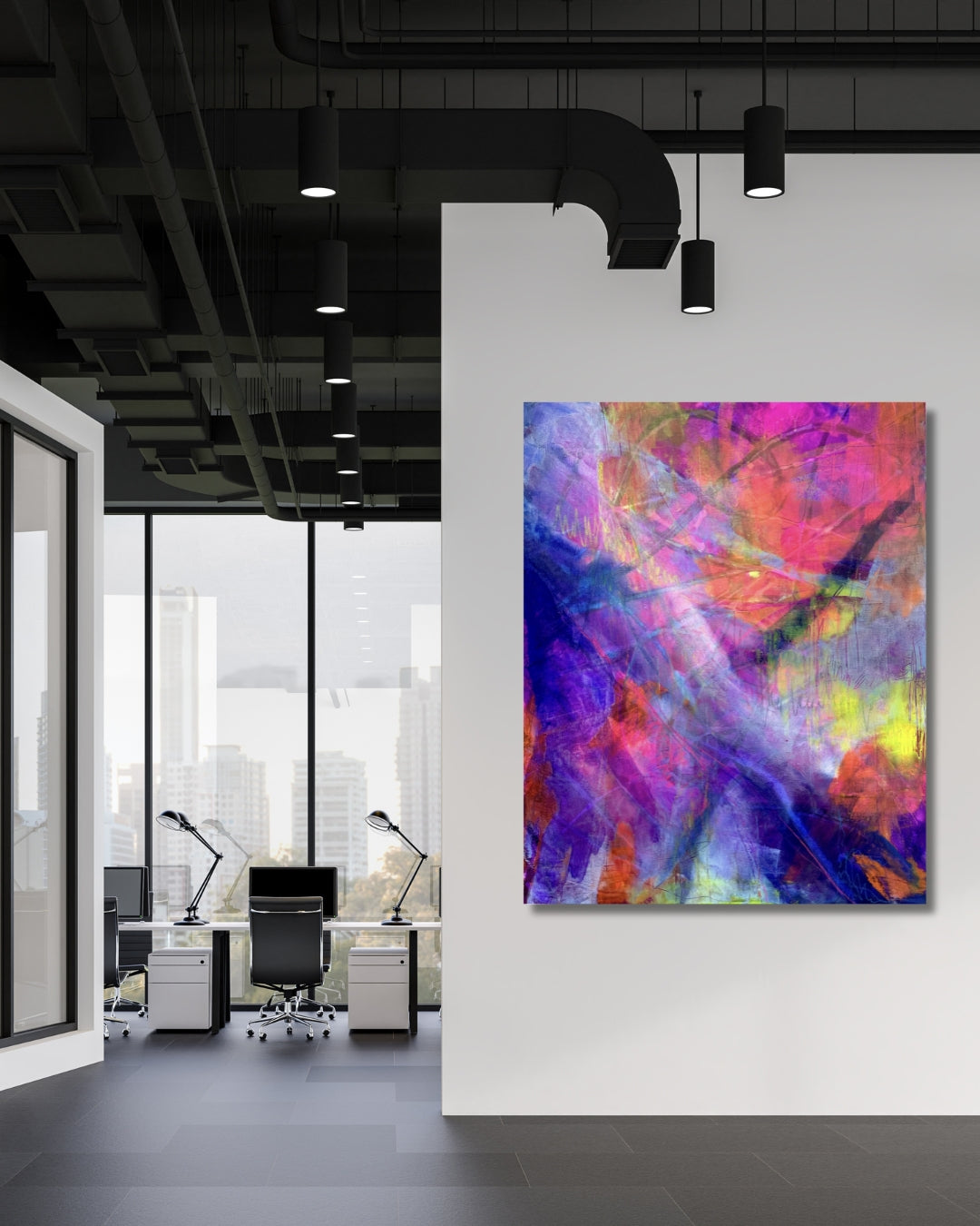 Abstraktes Acrylbild in Violett- und Blautönen mit feinen Netzstrukturen, Werk „Purple veil“ von Sabine Hoch-Himmighofen.