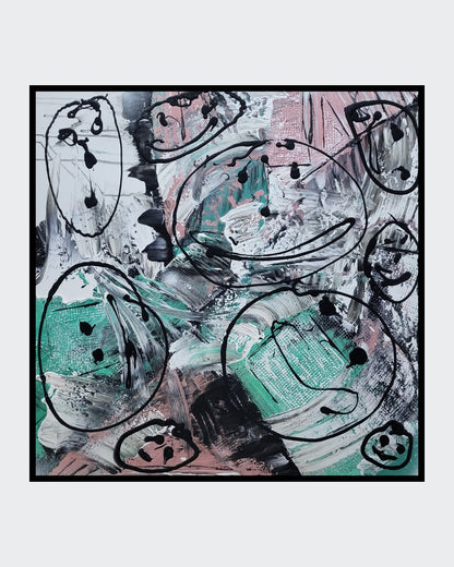 Abstraktes Acrylgemälde "Street Art" von Sandra Conrad, quadratisch. Der Hintergrund besteht aus dicken Pinselstrichen in Mintgrün, Rosa und Weiß. Darüber sind skizzenhafte, schwarze Kreise mit einfachen Gesichtern im Stil von Graffiti gezeichnet.