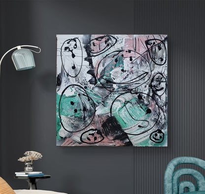 Abstraktes Acrylgemälde "Street Art" von Sandra Conrad, quadratisch. Der Hintergrund besteht aus dicken Pinselstrichen in Mintgrün, Rosa und Weiß. Darüber sind skizzenhafte, schwarze Kreise mit einfachen Gesichtern im Stil von Graffiti gezeichnet.