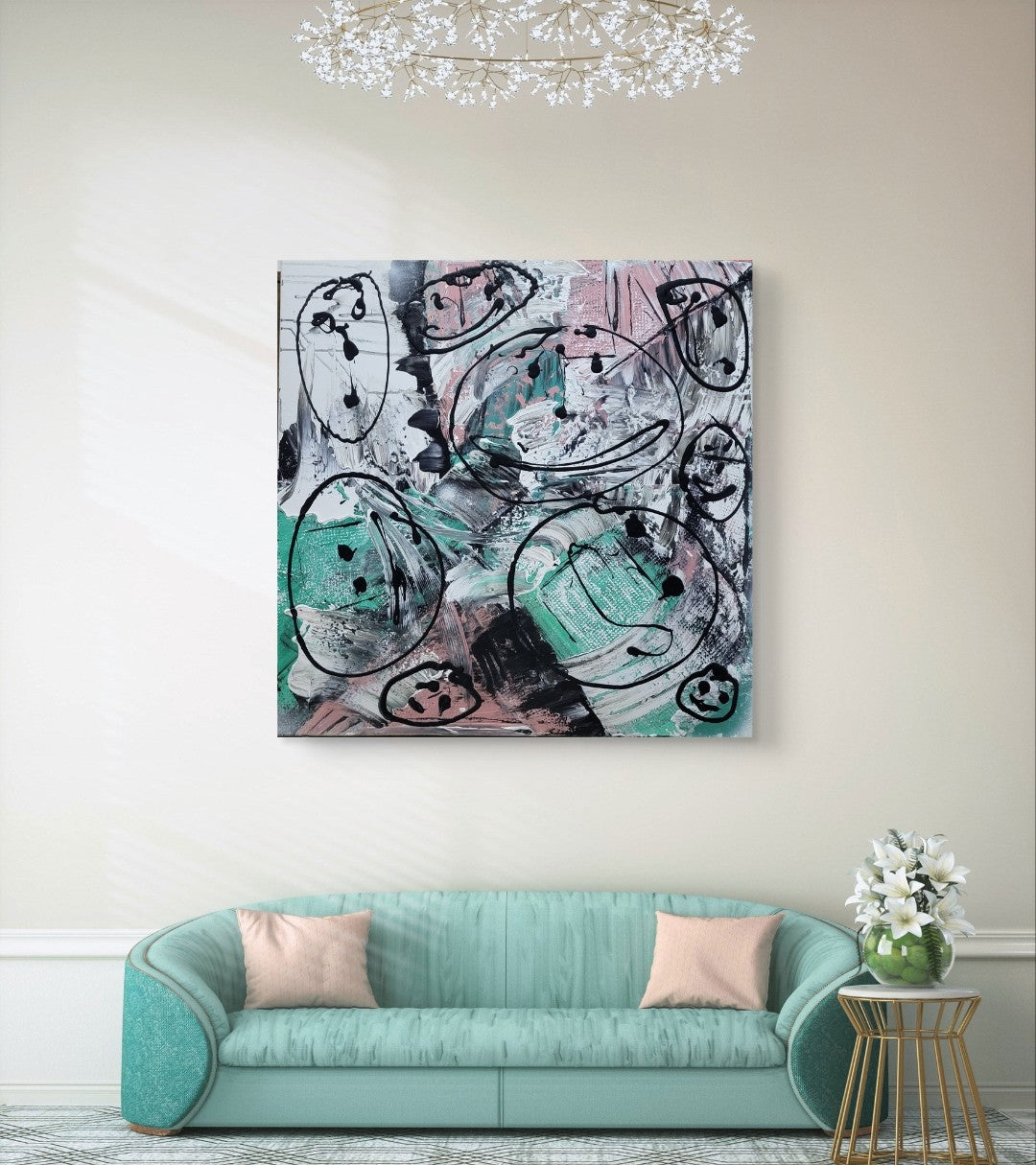 Abstraktes Acrylgemälde "Street Art" von Sandra Conrad, quadratisch. Der Hintergrund besteht aus dicken Pinselstrichen in Mintgrün, Rosa und Weiß. Darüber sind skizzenhafte, schwarze Kreise mit einfachen Gesichtern im Stil von Graffiti gezeichnet.