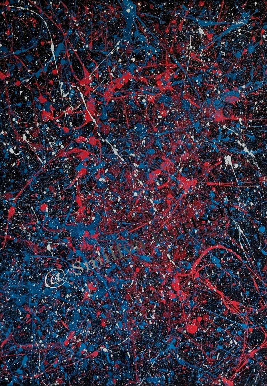 Abstraktes Acrylgemälde 'Emotionen' von Smillya Dartsch. Ein dynamisches Farbenspiel aus Rot, Blau und Weiß auf schwarzem Grund. Die Farben sind in einem spontanen Duktus aufgetragen, der an Farbspritzer und -fäden erinnert. Das Gemälde ist mit einem Glanzfirnis versiegelt und rückseitig signiert. Inklusive Keilrahmenaufhänger. Maße: ca. 50x70 cm.