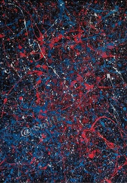 Abstraktes Acrylgemälde 'Emotionen' von Smillya Dartsch. Ein dynamisches Farbenspiel aus Rot, Blau und Weiß auf schwarzem Grund. Die Farben sind in einem spontanen Duktus aufgetragen, der an Farbspritzer und -fäden erinnert. Das Gemälde ist mit einem Glanzfirnis versiegelt und rückseitig signiert. Inklusive Keilrahmenaufhänger. Maße: ca. 50x70 cm.