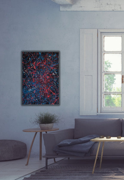 Abstraktes Acrylgemälde 'Emotionen' von Smillya Dartsch. Ein dynamisches Farbenspiel aus Rot, Blau und Weiß auf schwarzem Grund. Die Farben sind in einem spontanen Duktus aufgetragen, der an Farbspritzer und -fäden erinnert. Das Gemälde ist mit einem Glanzfirnis versiegelt und rückseitig signiert. Inklusive Keilrahmenaufhänger. Maße: ca. 50x70 cm.
