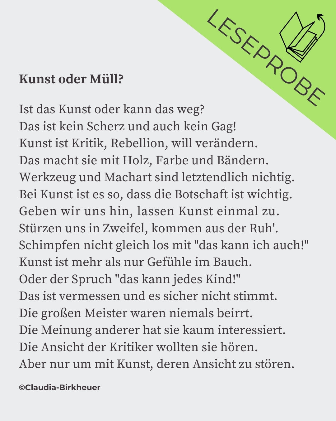 Leseprobe aus dem Buch mit dem Titel „Claudia Birkheuer Gedichte: Sichtweisen - Nebenklang und Hintersinn.“ 