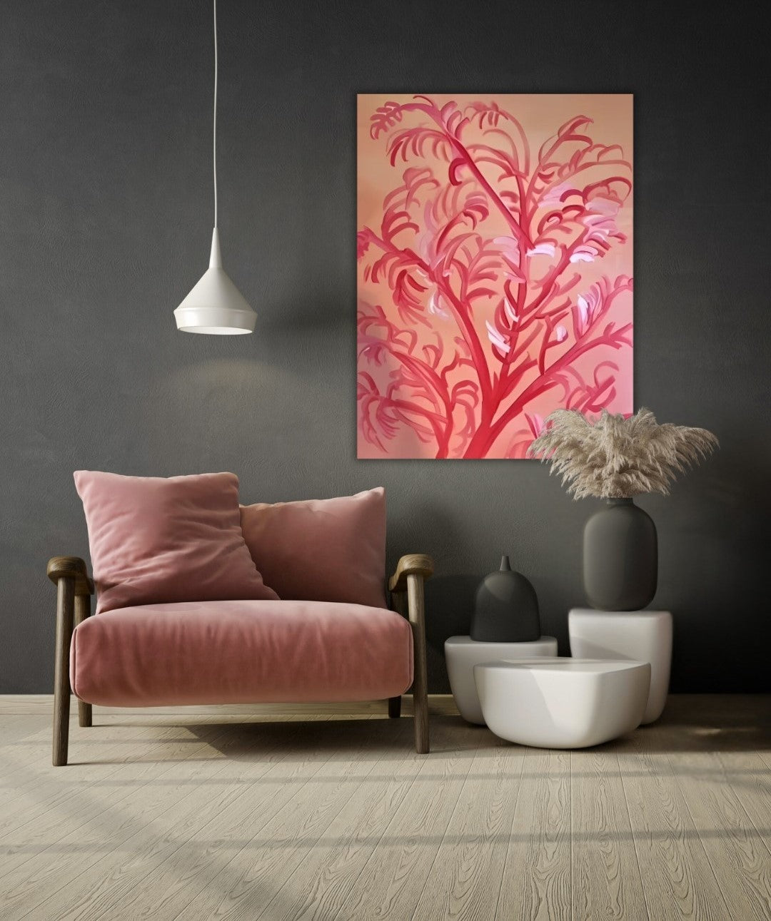 Gemälde "Koralle" von Federica, Acryl auf Leinwand, 110x90 cm. Abstrakte Darstellung von Korallen in verschiedenen Rottönen auf einem hellen Hintergrund.