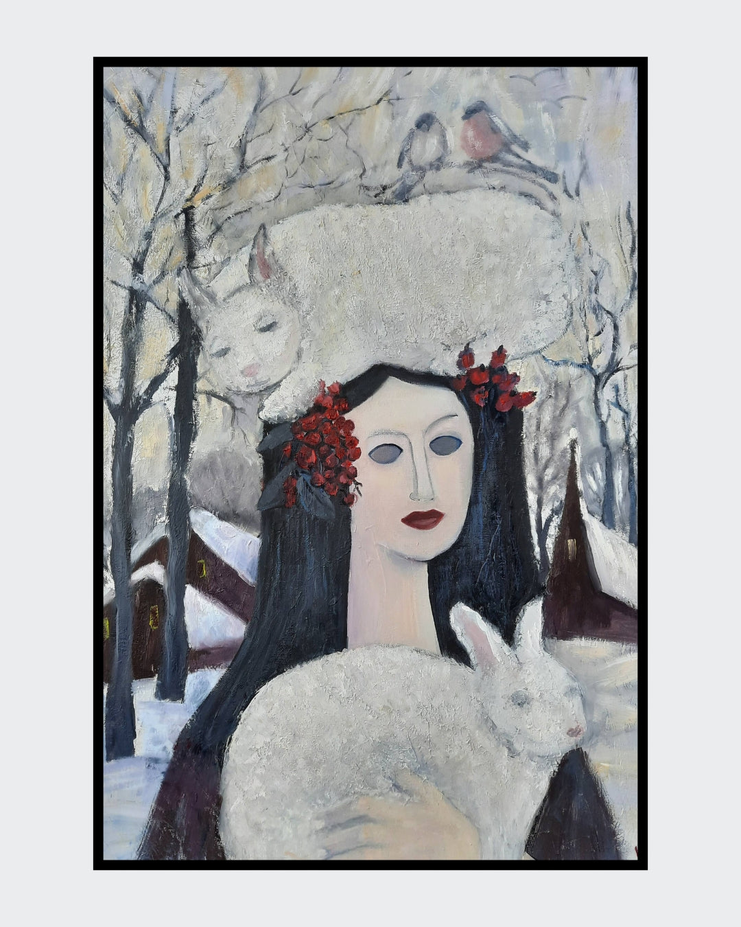 Gemälde "Lady Winter" von Vera Stein. Eine Frau mit dunklem Haar und blassem Gesicht hält ein weißes Kaninchen. Eine weiße Katze ruht auf ihrem Kopf, darüber zwei Vögel. Rote Beeren setzen Farbakzente. Der Hintergrund ist eine verschneite, melancholische Winterlandschaft mit dunklen Bäumen und Häusern.