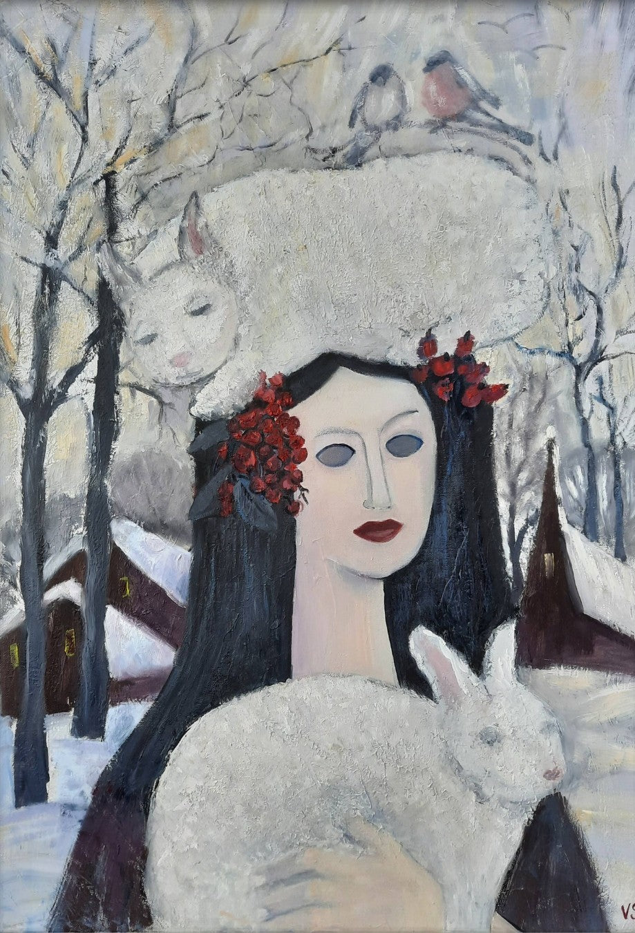 Gemälde "Lady Winter" von Vera Stein. Eine Frau mit dunklem Haar und blassem Gesicht hält ein weißes Kaninchen. Eine weiße Katze ruht auf ihrem Kopf, darüber zwei Vögel. Rote Beeren setzen Farbakzente. Der Hintergrund ist eine verschneite, melancholische Winterlandschaft mit dunklen Bäumen und Häusern.