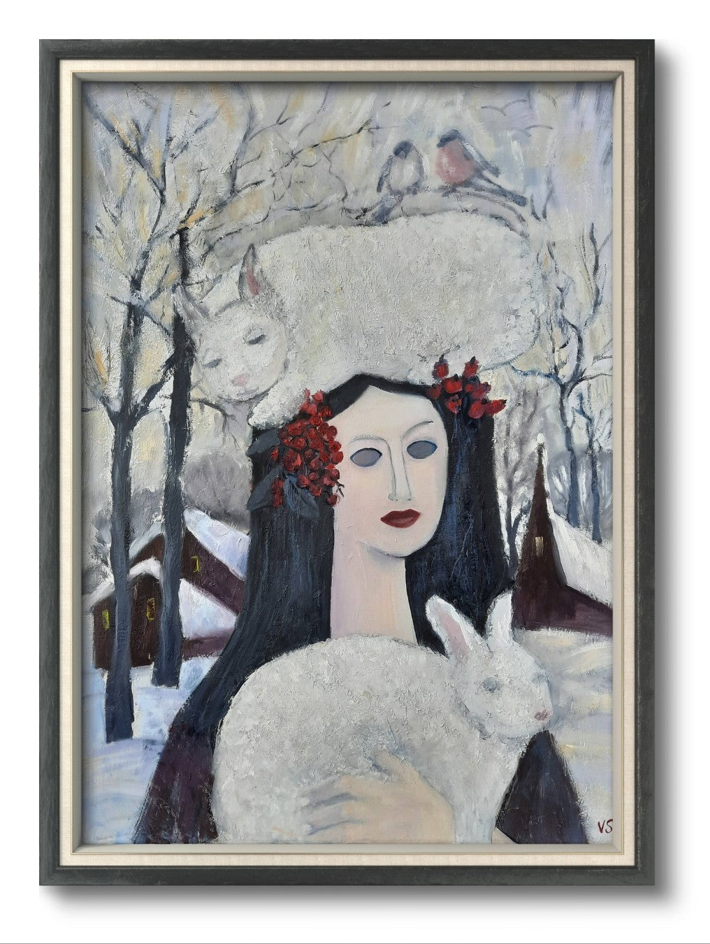 Gemälde "Lady Winter" von Vera Stein. Eine Frau mit dunklem Haar und blassem Gesicht hält ein weißes Kaninchen. Eine weiße Katze ruht auf ihrem Kopf, darüber zwei Vögel. Rote Beeren setzen Farbakzente. Der Hintergrund ist eine verschneite, melancholische Winterlandschaft mit dunklen Bäumen und Häusern.