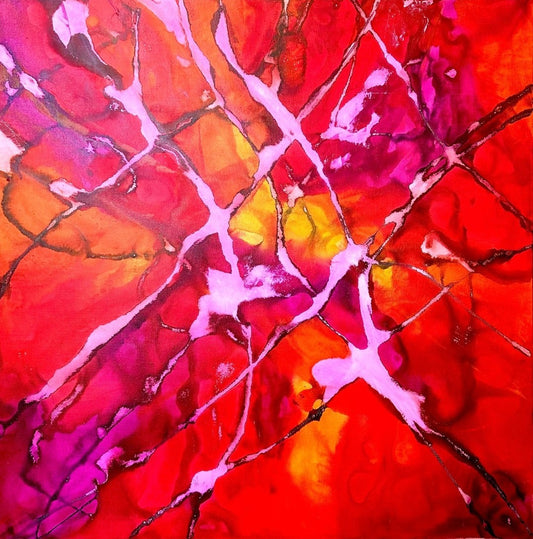 Abstraktes Acrylbild in Rot-, Pink- und Gelbtönen mit schwarzen Linien, „Over the red“ von Sabine Hoch-Himmighofen.