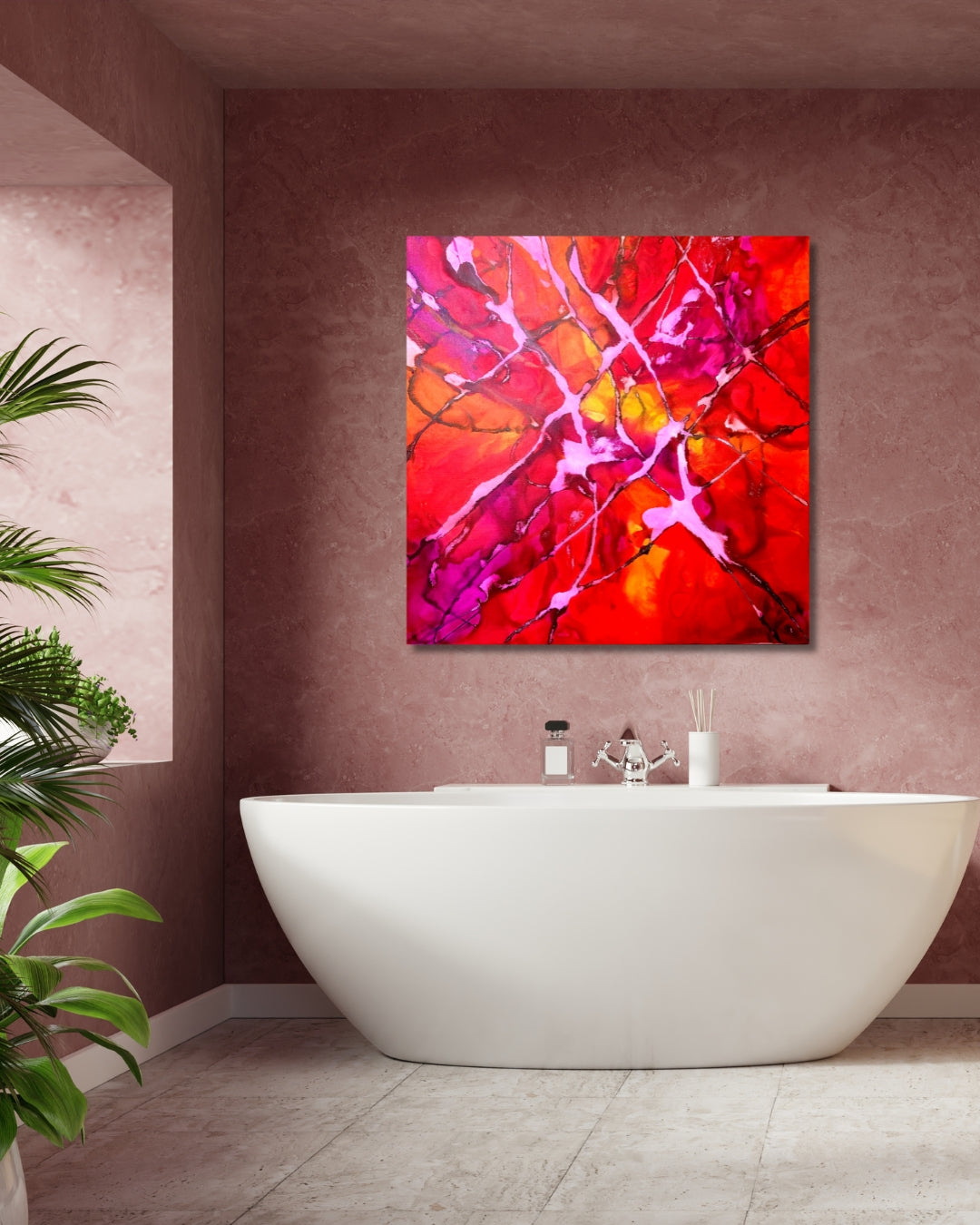 Abstraktes Acrylbild in Rot-, Pink- und Gelbtönen mit schwarzen Linien, „Over the red“ von Sabine Hoch-Himmighofen.