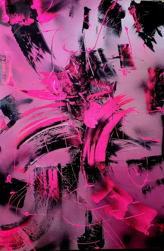 Großformatiges, vertikales abstraktes Acrylgemälde "Pink fight" von Sandra Conrad, das von expressiven, kämpferischen Pinselstrichen in leuchtendem, fluoriszierendem Pink und Schwarz dominiert wird.