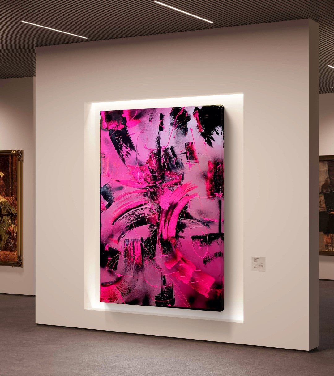 Großformatiges, vertikales abstraktes Acrylgemälde "Pink fight" von Sandra Conrad, das von expressiven, kämpferischen Pinselstrichen in leuchtendem, fluoriszierendem Pink und Schwarz dominiert wird.