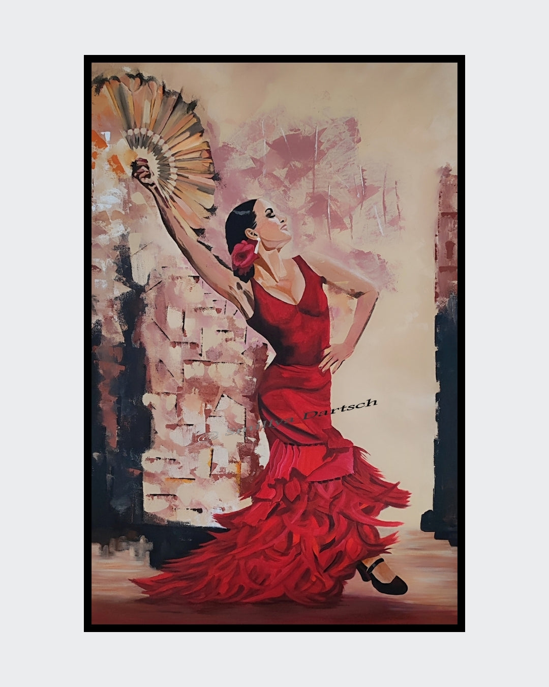 Acrylgemälde 'Flamenco' von Smillya Dartsch. Eine dynamische Darstellung des Flamenco-Tanzes. Die Farben sind lebhaft und ausdrucksstark, mit wirbelnden Linien und Formen, die die Bewegung des Tanzes einfangen. Die Signatur der Künstlerin ist deutlich erkennbar. Das Gemälde ist auf einem Keilrahmen mit den Maßen 124x84 cm gefertigt