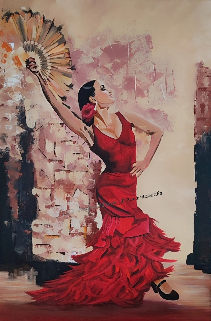 Acrylgemälde 'Flamenco' von Smillya Dartsch. Eine dynamische Darstellung des Flamenco-Tanzes. Die Farben sind lebhaft und ausdrucksstark, mit wirbelnden Linien und Formen, die die Bewegung des Tanzes einfangen. Die Signatur der Künstlerin ist deutlich erkennbar. Das Gemälde ist auf einem Keilrahmen mit den Maßen 124x84 cm gefertigt