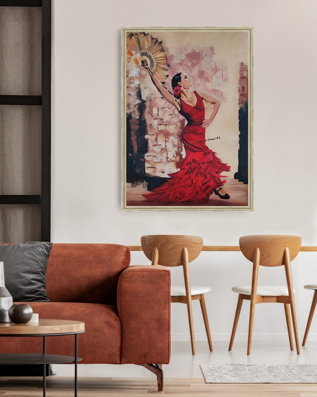 Acrylgemälde 'Flamenco' von Smillya Dartsch. Eine dynamische Darstellung des Flamenco-Tanzes. Die Farben sind lebhaft und ausdrucksstark, mit wirbelnden Linien und Formen, die die Bewegung des Tanzes einfangen. Die Signatur der Künstlerin ist deutlich erkennbar. Das Gemälde ist auf einem Keilrahmen mit den Maßen 124x84 cm gefertigt