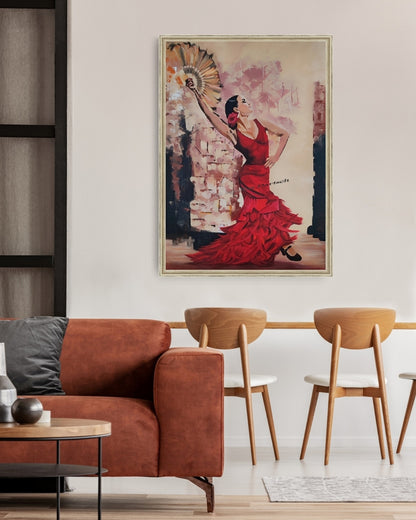 Acrylgemälde 'Flamenco' von Smillya Dartsch. Eine dynamische Darstellung des Flamenco-Tanzes. Die Farben sind lebhaft und ausdrucksstark, mit wirbelnden Linien und Formen, die die Bewegung des Tanzes einfangen. Die Signatur der Künstlerin ist deutlich erkennbar. Das Gemälde ist auf einem Keilrahmen mit den Maßen 124x84 cm gefertigt