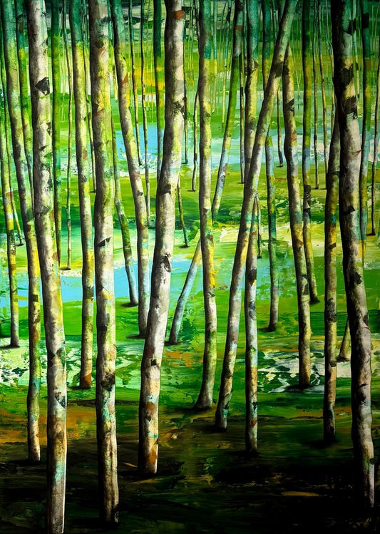 Acrylbild „Birkenwald“ von Sabine Hoch-Himmighofen. Helle Birkenstämme vor leuchtend grün-gelbem Hintergrund, Serie Mystical Forest.