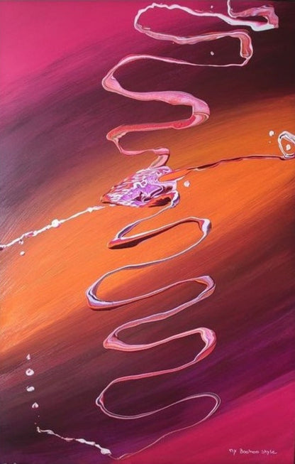 Großformatiges, vertikales Acrylgemälde "Nature" von Sandra Conrad, dominiert von fließenden Streifen in warmen Orange-, Braun- und Violetttönen. Dicke, pastose, weiße und rosafarbene Linien winden sich in Schlangenform vertikal über die Oberfläche.