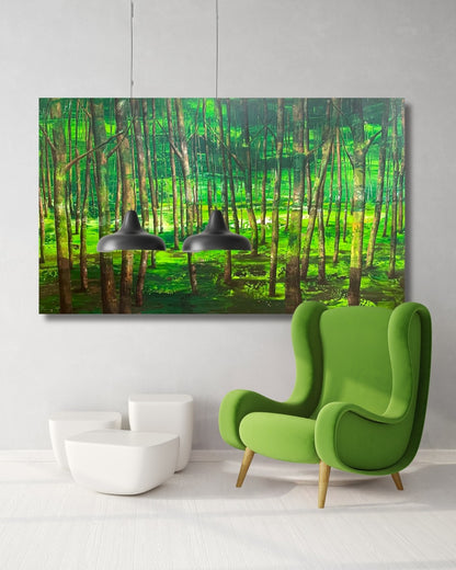 Großformatiges Acrylbild Green Forest. Dichte Baumstämme in tiefen Grüntönen ohne Blätter. Intensive, lebensbejahende Waldstimmung. Künstlerin:  Sabine Hoch-Himmighofen