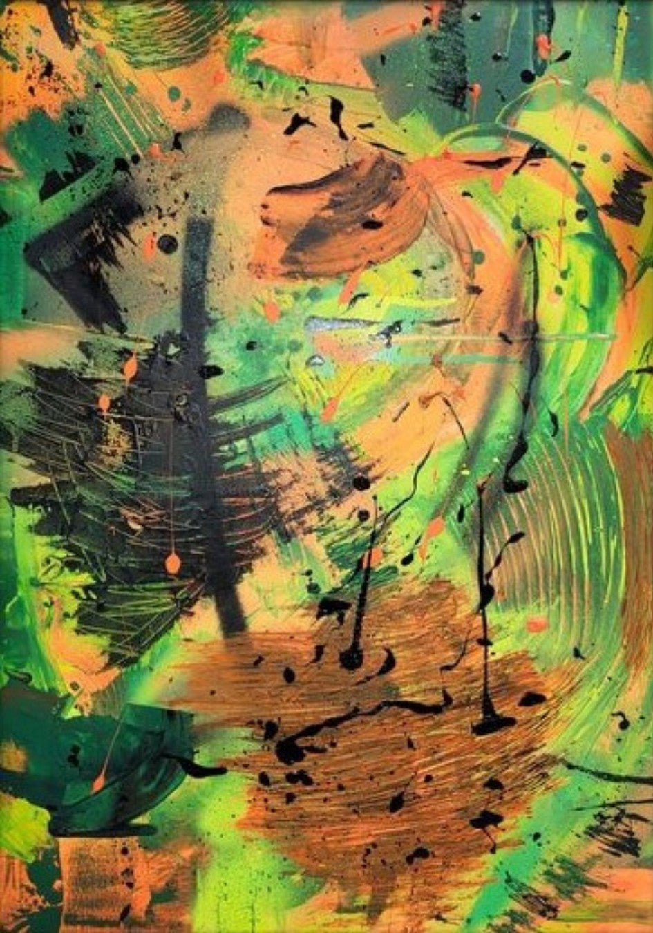 Abstraktes Acrylgemälde "Dschungel" von Sandra Conrad im schwarzen Rahmen. Die Komposition ist hochformatig und sehr dynamisch, dominiert von leuchtenden Grün-, Gelb- und Orangetönen, die von breiten, schwarzen Pinselstrichen und Farbspritzern überlagert werden.