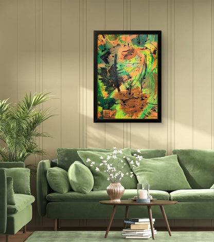 Abstraktes Acrylgemälde "Dschungel" von Sandra Conrad im schwarzen Rahmen. Die Komposition ist hochformatig und sehr dynamisch, dominiert von leuchtenden Grün-, Gelb- und Orangetönen, die von breiten, schwarzen Pinselstrichen und Farbspritzern überlagert werden.
