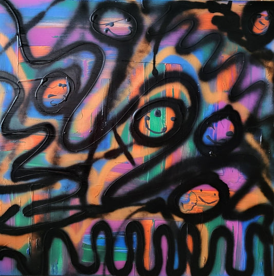 Abstraktes Acrylgemälde "Glückliche Emotionen Impression" von Sandra Conrad im Street-Art-Stil. Der Hintergrund ist eine Mischung aus bunten Strichen in Blau, Orange, Grün und Lila. Darüber liegen dicke, schwarze, gewellte Linien und einfache, lachende Gesichter.