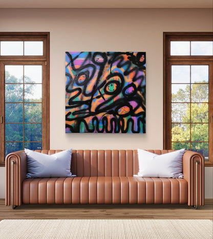 Abstraktes Acrylgemälde "Glückliche Emotionen Impression" von Sandra Conrad im Street-Art-Stil. Der Hintergrund ist eine Mischung aus bunten Strichen in Blau, Orange, Grün und Lila. Darüber liegen dicke, schwarze, gewellte Linien und einfache, lachende Gesichter.