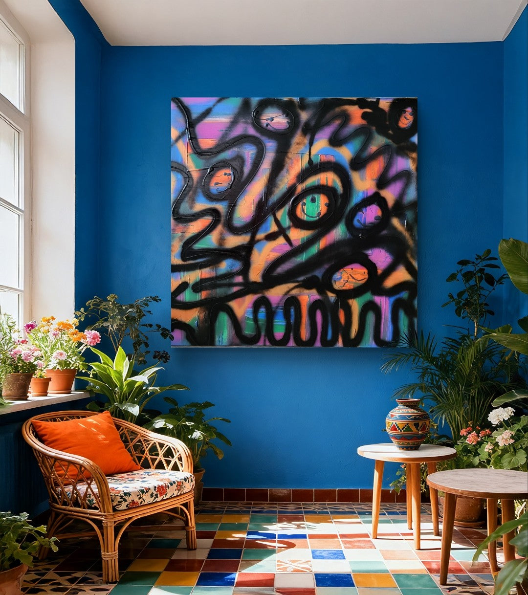 Abstraktes Acrylgemälde "Glückliche Emotionen Impression" von Sandra Conrad im Street-Art-Stil. Der Hintergrund ist eine Mischung aus bunten Strichen in Blau, Orange, Grün und Lila. Darüber liegen dicke, schwarze, gewellte Linien und einfache, lachende Gesichter.