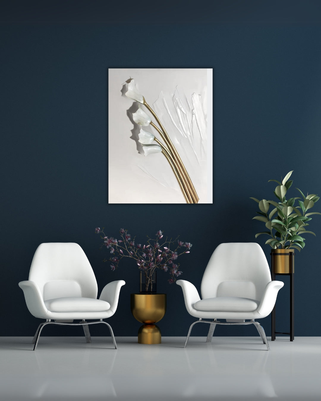 Gemälde "Dreidimensionale Lilienblüte" von Federica, Acryl auf Leinwand, 80x60 cm. Dreidimensionale Darstellung von Lilien in Weiß und Braun auf weißem Hintergrund.