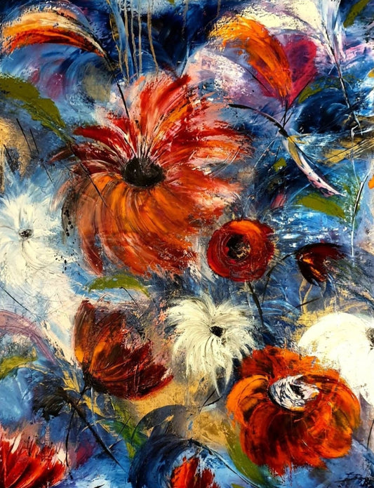 Abstraktes Ölgemälde "Traumfänger" von Petra Erengil, 115x75 cm. Leuchtend rote und weiße Spachtelblumen vor blau-weißem Hintergrund. Abstrakte florale Kunst.