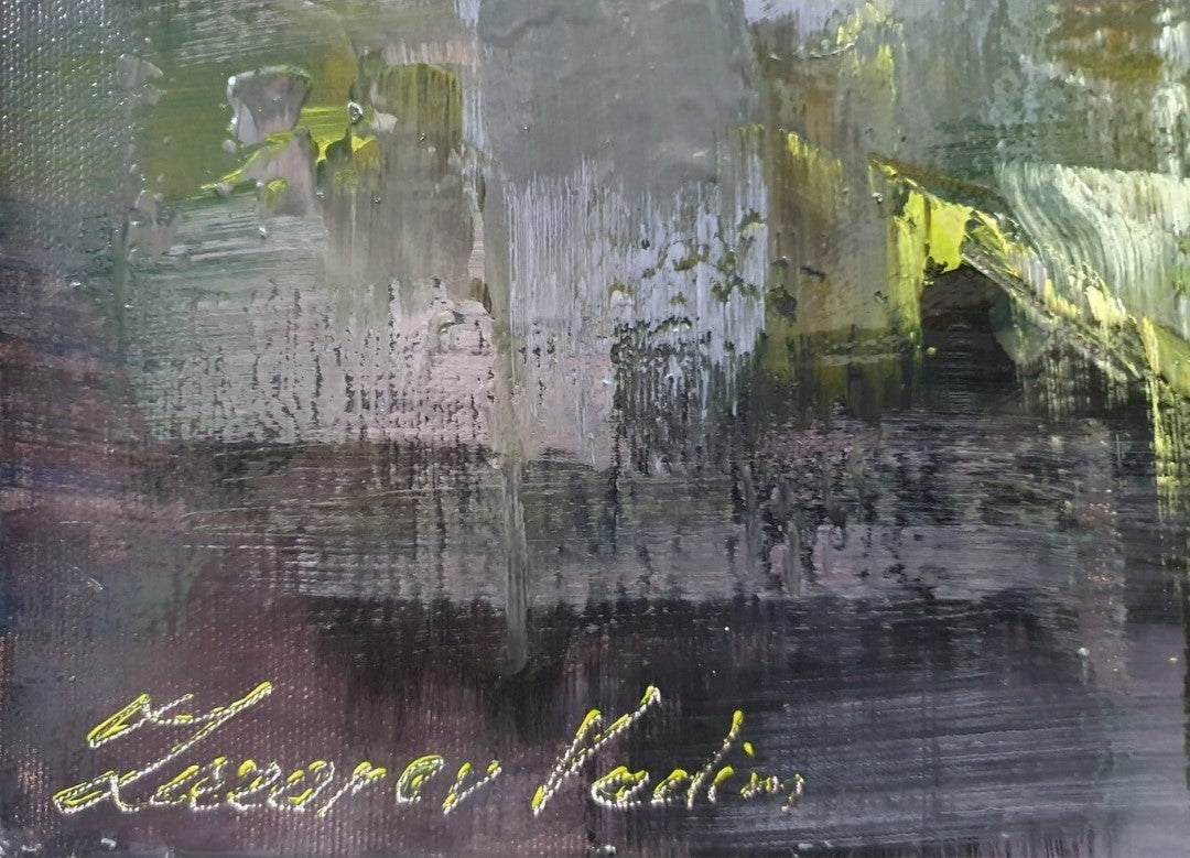 Detailfoto von: Ölgemälde von Vadim Lazarev, 50 × 60 cm. Eine dunkle Vase mit filigranen Maiglöckchen vor einem atmosphärisch gehaltenen, violett-grünen Hintergrund. Feine Details und weiche Farbverläufe verleihen dem Bild Tiefe und Ausdruck.