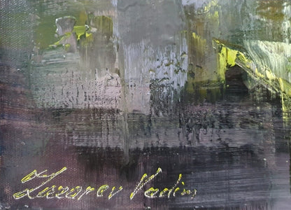 Detailfoto von: Ölgemälde von Vadim Lazarev, 50 × 60 cm. Eine dunkle Vase mit filigranen Maiglöckchen vor einem atmosphärisch gehaltenen, violett-grünen Hintergrund. Feine Details und weiche Farbverläufe verleihen dem Bild Tiefe und Ausdruck.