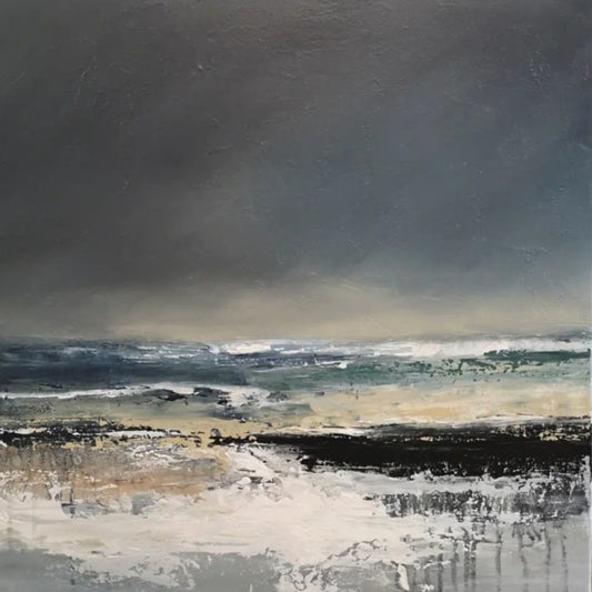 Abstraktes Acrylgemälde "Stormy times" von Sabine Hoch-Himmighofen, stürmische Meereslandschaft mit dunklem Himmel und aufgewühlter See, 60x60 cm.