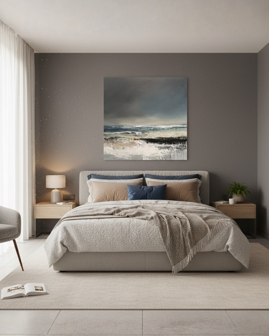 Abstraktes Acrylgemälde "Stormy times" von Sabine Hoch-Himmighofen, stürmische Meereslandschaft mit dunklem Himmel und aufgewühlter See, 60x60 cm.