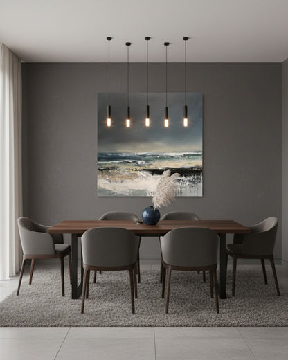 Abstraktes Acrylgemälde "Stormy times" von Sabine Hoch-Himmighofen, stürmische Meereslandschaft mit dunklem Himmel und aufgewühlter See, 60x60 cm.