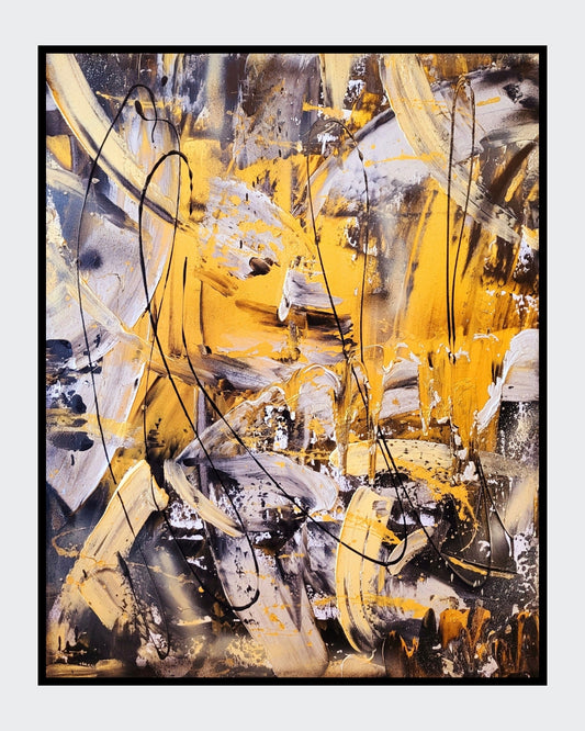 Abstraktes Acrylgemälde "Cocky" von Sandra Conrad, hochformatig, mit Struktur und im schwarz-goldenen Rahmen. Die Komposition besteht aus breiten, gestischen Pinselstrichen in Gold/Ocker, Schwarz und Grau. Freie, schwarze Kritzeleien liegen auf der Farbschicht.