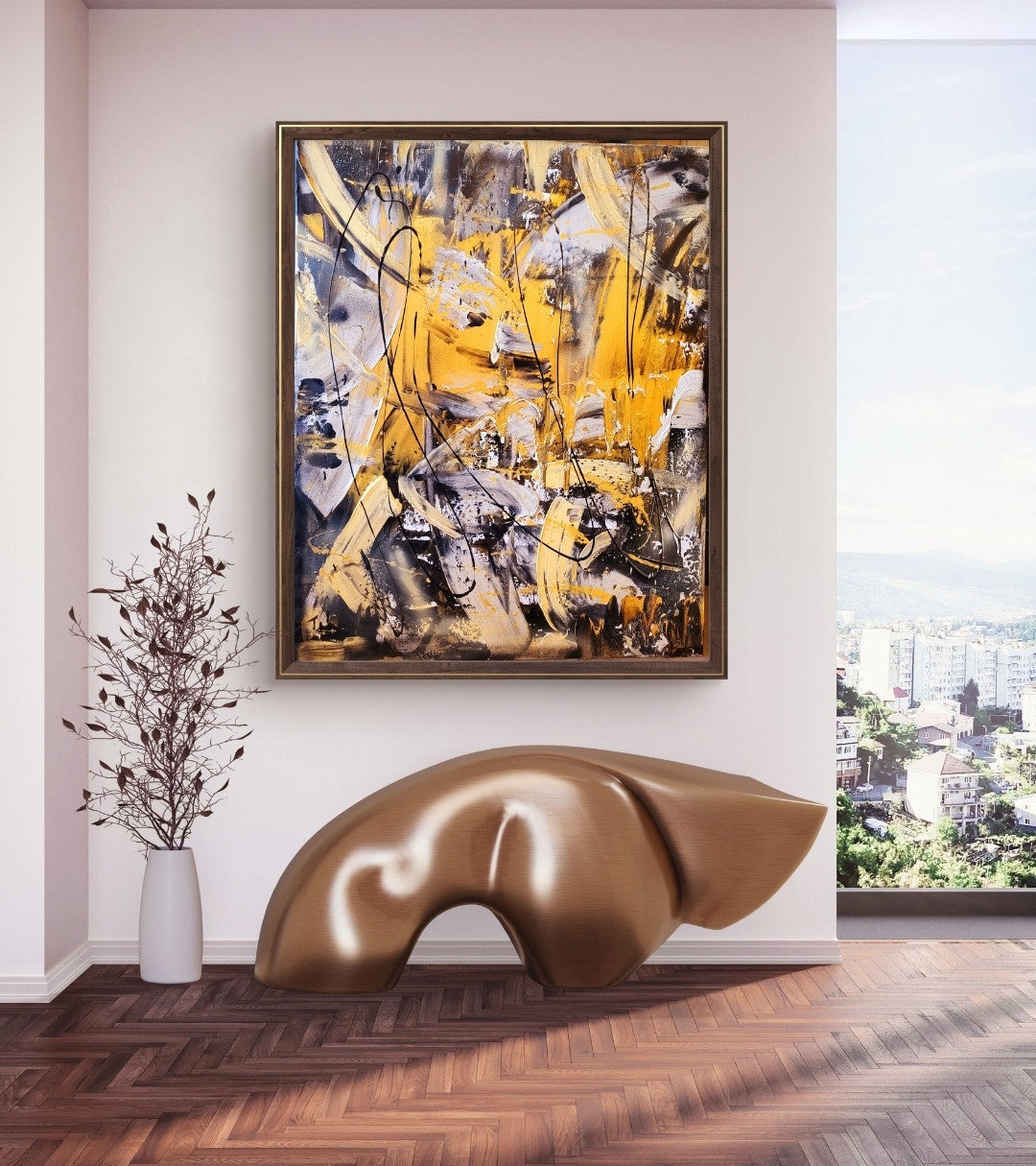 Abstraktes Acrylgemälde "Cocky" von Sandra Conrad, hochformatig, mit Struktur und im schwarz-goldenen Rahmen. Die Komposition besteht aus breiten, gestischen Pinselstrichen in Gold/Ocker, Schwarz und Grau. Freie, schwarze Kritzeleien liegen auf der Farbschicht.