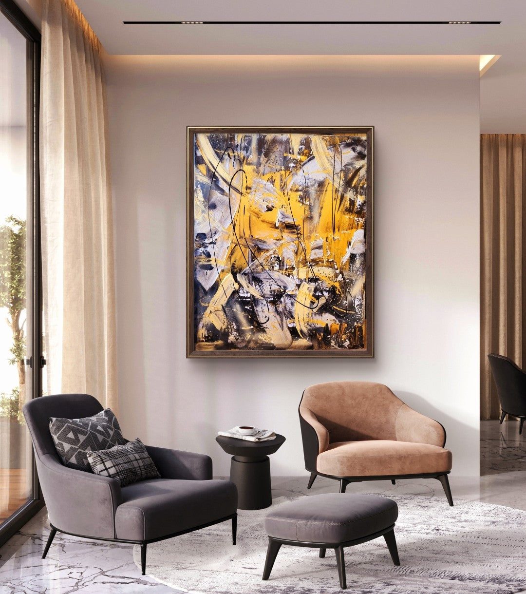 Abstraktes Acrylgemälde "Cocky" von Sandra Conrad, hochformatig, mit Struktur und im schwarz-goldenen Rahmen. Die Komposition besteht aus breiten, gestischen Pinselstrichen in Gold/Ocker, Schwarz und Grau. Freie, schwarze Kritzeleien liegen auf der Farbschicht.