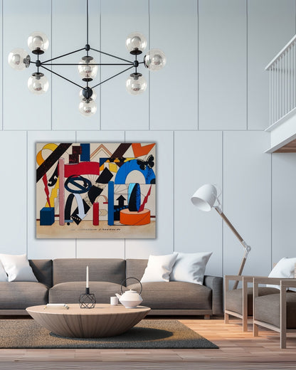 "Acrylgemälde 'Ohne Gleichen 2' von Smillya Dartsch. Eine geometrische Komposition mit einer Vielzahl von farbigen Formen und Linien. Das Bild zeigt eine Mischung aus Rechtecken, Kreisen, Pfeilen und einem Schmetterling, die in lebhaften Farben auf einem hellen Hintergrund angeordnet sind. Das Gemälde hat eine seichte, unterschiedlich ausgeprägte Struktur und ist mit einem Schattenfugenrahmen versehen. Maße: 84x104 cm."