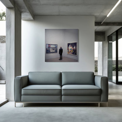 Das fotorealistische Digitalgemälde "Berlin" aus der Serie "Rueckenfiguren" von nostrokes zeigt einen Mann in einem schwarzen Anzug, der von hinten in einer Kunstgalerie steht. Er betrachtet zwei große, farbige Gemälde im Stil des Fotorealismus an einer weißen Wand. Das quadratische Werk ist in einer limitierten Edition auf Leinwand gedruckt und in der Online-Galerie FEMARTSPACE erhältlich.