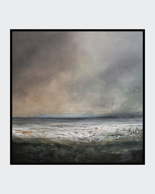 Abstraktes Mixed Media Gemälde "Kwade Hoek 2" von Sabine Hoch-Himmighofen, expressive Meereslandschaft mit Struktur und dunklen Tönen, 60x60 cm.