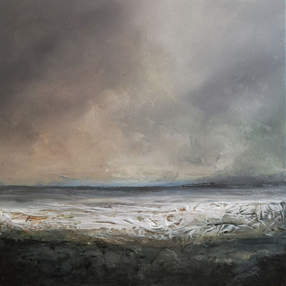 Abstraktes Mixed Media Gemälde "Kwade Hoek 2" von Sabine Hoch-Himmighofen, expressive Meereslandschaft mit Struktur und dunklen Tönen, 60x60 cm.