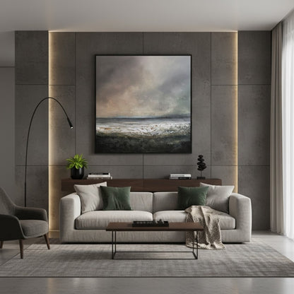 Abstraktes Mixed Media Gemälde "Kwade Hoek 2" von Sabine Hoch-Himmighofen, expressive Meereslandschaft mit Struktur und dunklen Tönen, 60x60 cm.