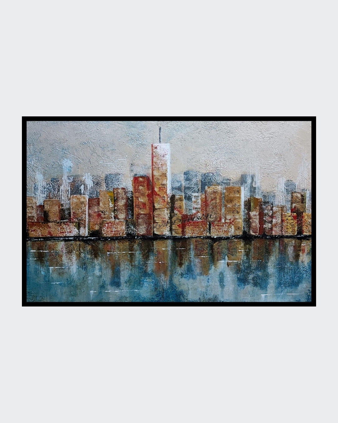 Acrylgemälde 'Skyline' von Smillya Dartsch. Eine stilisierte Darstellung einer Stadt-Skyline mit hohen Gebäuden, die sich im Wasser spiegeln. Die Gebäude sind in warmen Braun- und Rottönen gehalten, während das Wasser in kühlen Blau- und Grautönen dargestellt ist. Das Gemälde ist mit einem Glanzfirnis versiegelt. Maße: 40x60 cm.