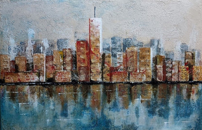Acrylgemälde 'Skyline' von Smillya Dartsch. Eine stilisierte Darstellung einer Stadt-Skyline mit hohen Gebäuden, die sich im Wasser spiegeln. Die Gebäude sind in warmen Braun- und Rottönen gehalten, während das Wasser in kühlen Blau- und Grautönen dargestellt ist. Das Gemälde ist mit einem Glanzfirnis versiegelt. Maße: 40x60 cm.